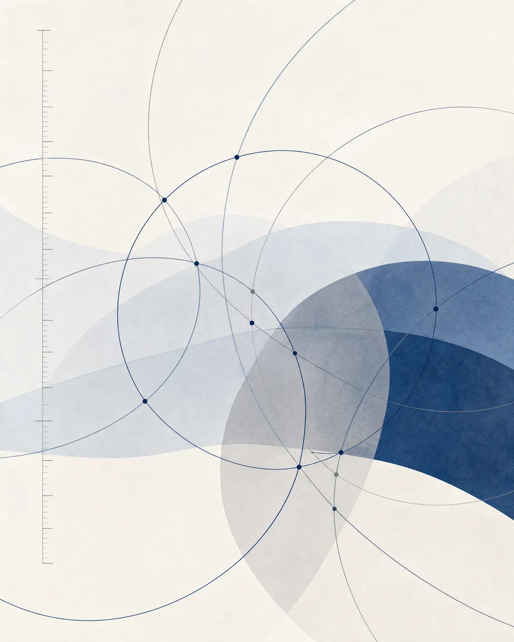 Conceptual editorial illustration: overlapping plotted arcs and a measured axis representing layered research trajectories.